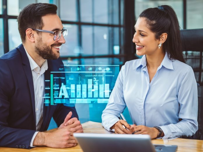 Professionals in a modern office discussing AI strategies