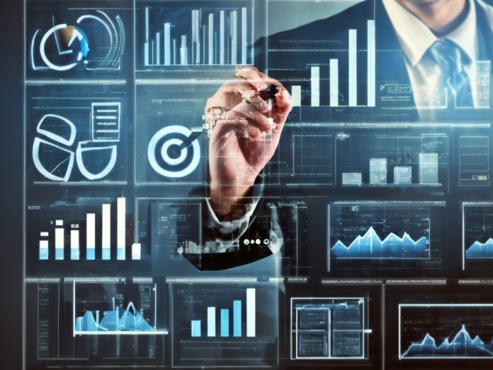 Chief Data Officer analyzing data in a modern office environment with digital screens