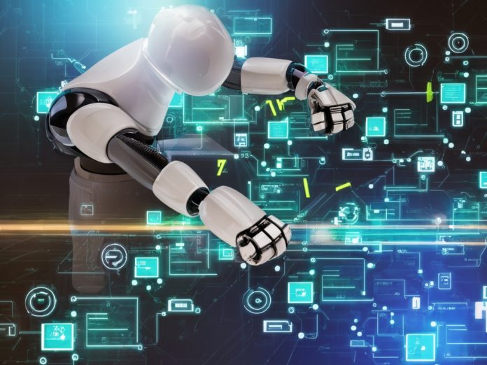 An AI robot analyzing digital patterns and data