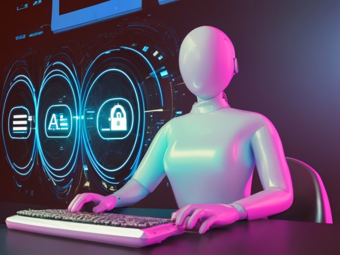 A futuristic AI avatar interacting with applications on a computer screen