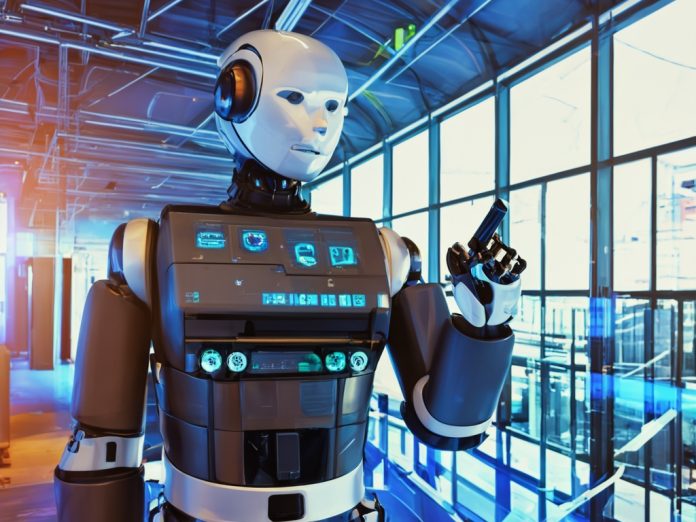 A modern robot interacting with digital interfaces in a high-tech environment