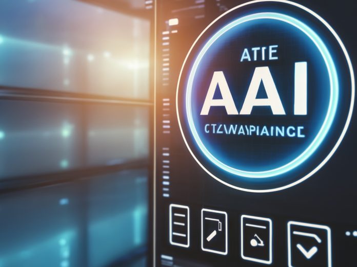 Futuristic AI avatar interface in a corporate setting