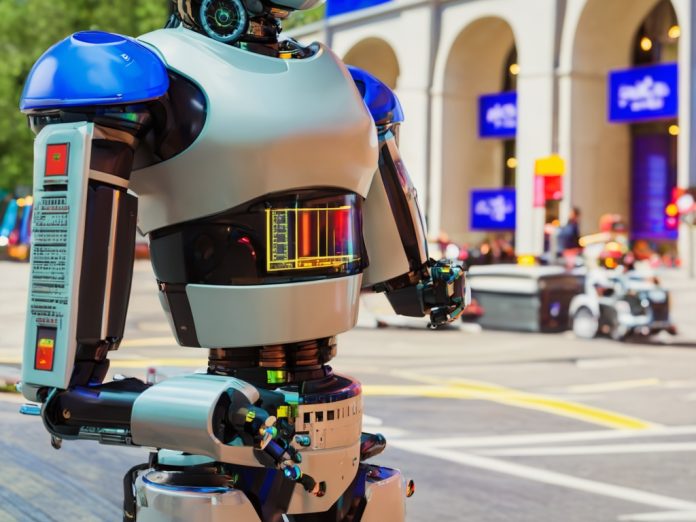 A humanoid robot interacting with people on a city street.