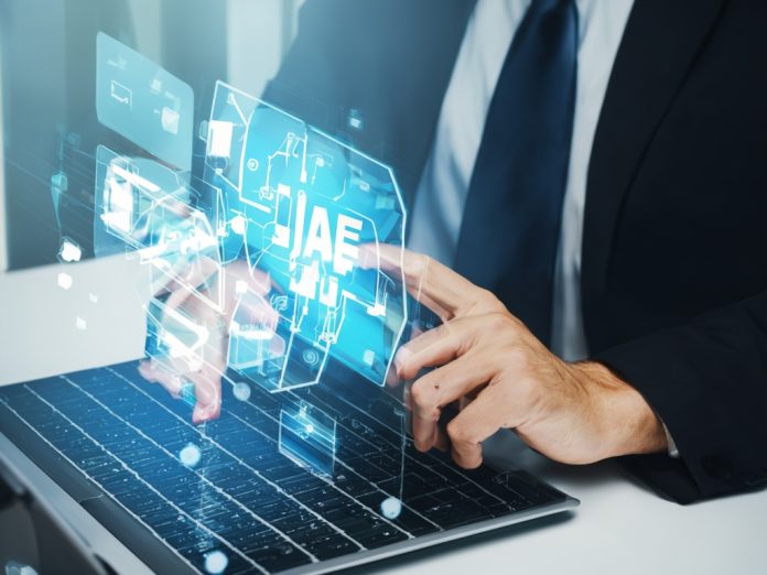 CEO analyzing AI data on a digital screen in an office