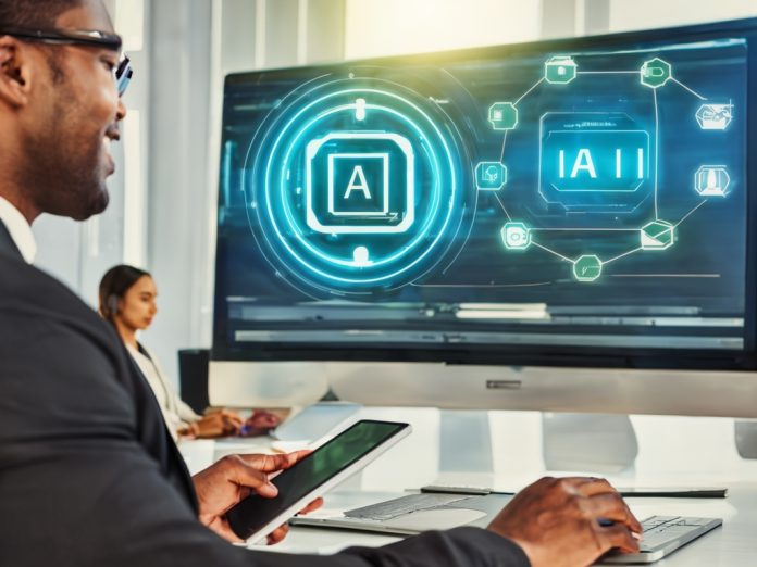 AI lab researchers examining models in a futuristic environment