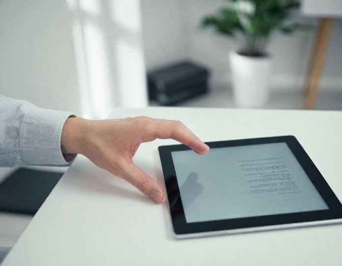 Professional using stylus on tablet with digital notes appearing in real-time