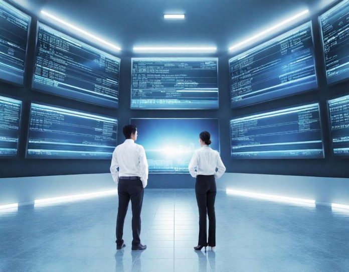 Factory control room with operators monitoring production data on digital displays in modern manufacturing facility