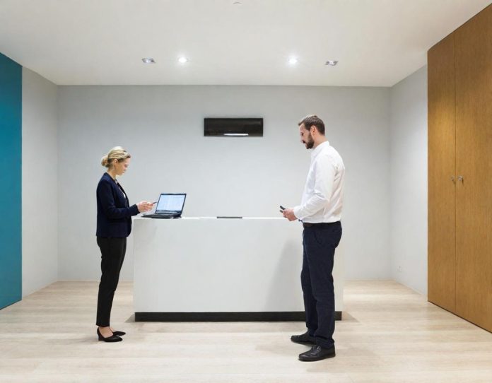 Smartphone displaying digital identification card being used for verification in professional setting