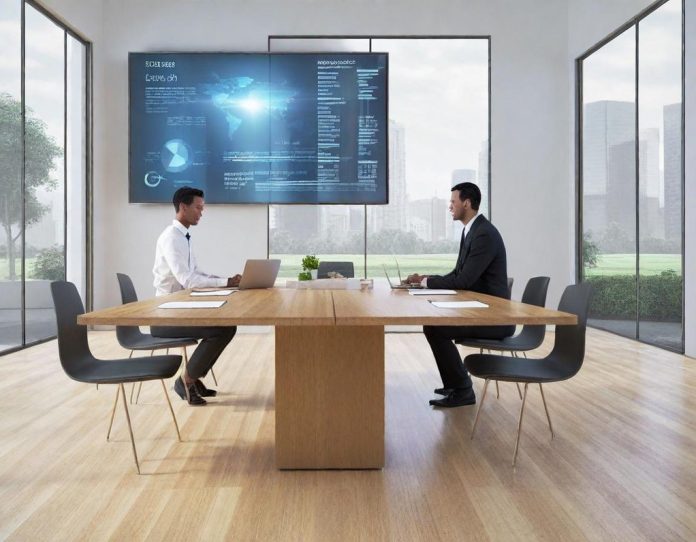 Business professionals collaborating in modern office environment with technology integration