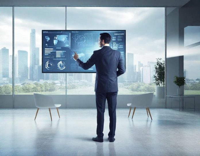 Business professional analyzing performance metrics on digital dashboard in modern office setting