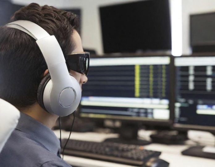 Close-up of a professional radio headset being adjusted in a control room setting
