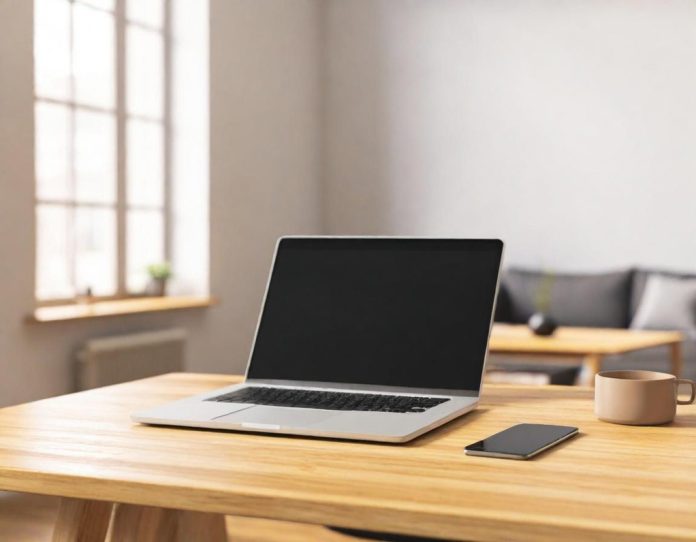 Modern laptop displaying full battery charge in minimalist home office setting