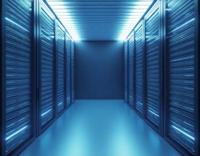 Digital data flowing through fiber optic cables at an internet exchange point representing surveillance and data collection