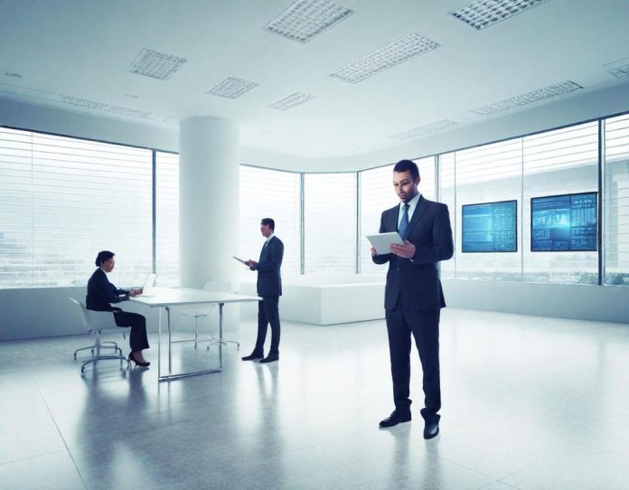 Modern courtroom with digital displays showing legal documents and data visualizations