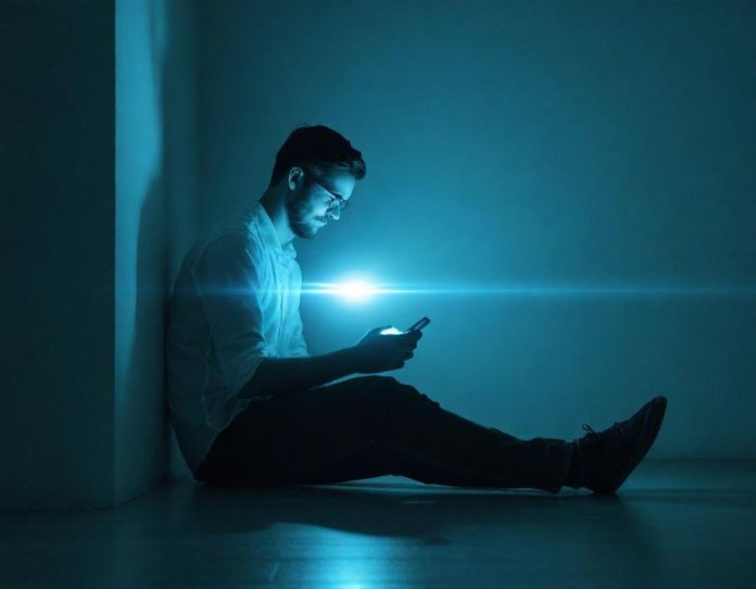 Person experiencing emotional response while interacting with AI chatbot on smartphone