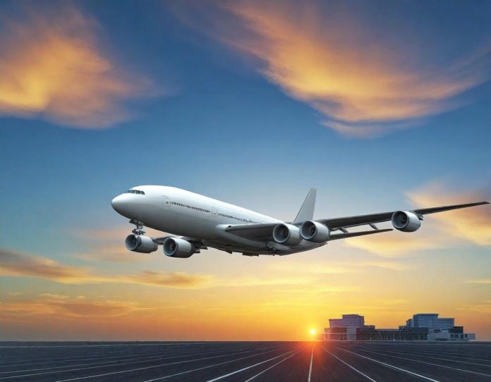 Futuristic aircraft launching at dusk with glowing energy trails, symbolizing advanced defense technology