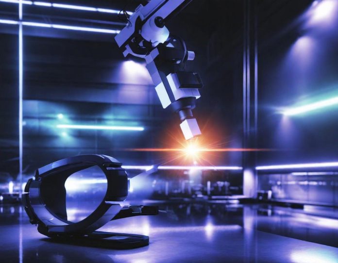 Human hand adjusting smart glasses with robotic arm working collaboratively in industrial background