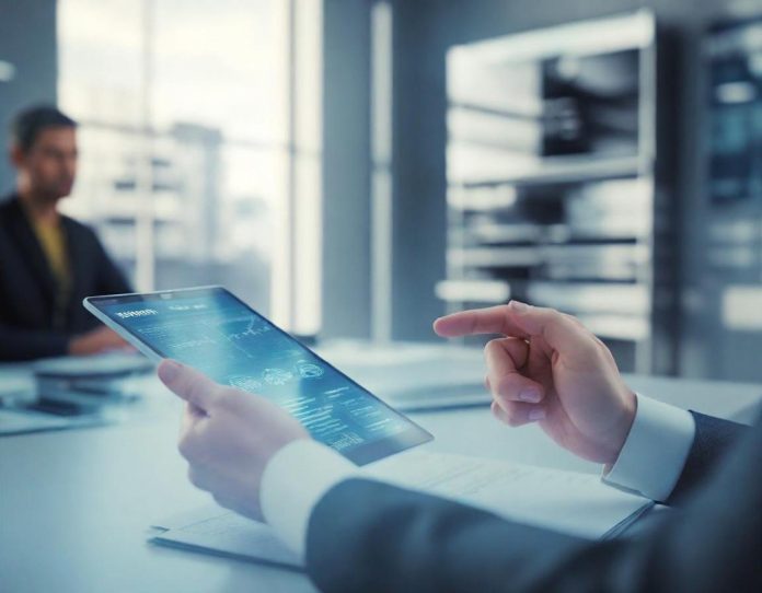 Financial professional receiving AI-powered coaching during client interaction in modern office setting