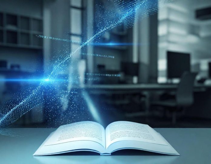 Digital book transforming into computer code representing AI training data issues