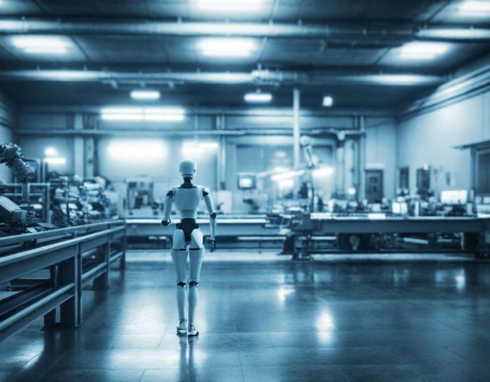 Advanced humanoid robot observing manufacturing processes in a modern industrial facility