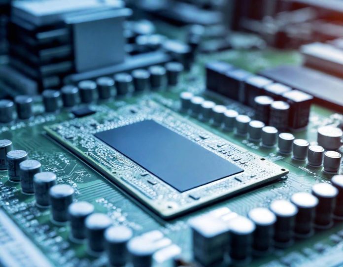 Close-up view of RAM memory modules being installed into a computer motherboard with circuit details visible