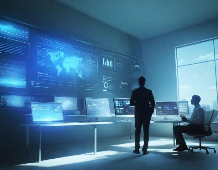 Team of business professionals analyzing AI implementation data in modern office environment