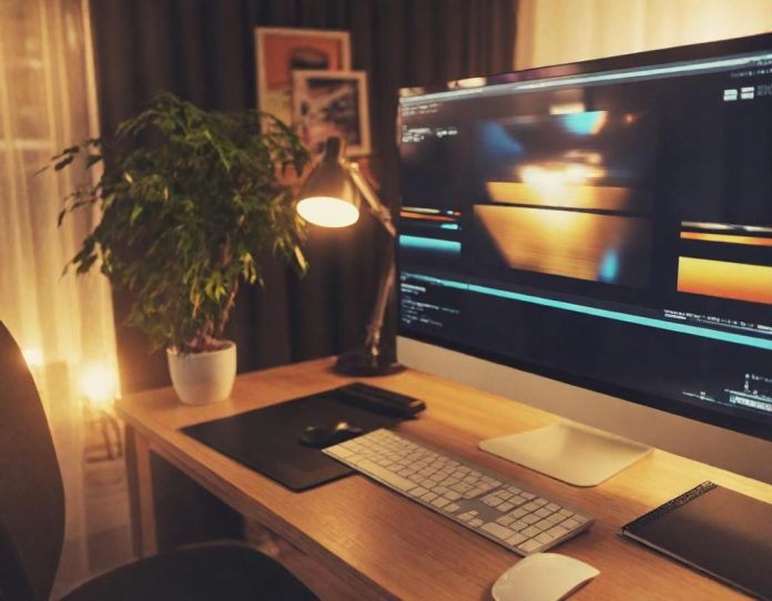 Creative professional using multiple software applications on computer in modern home studio