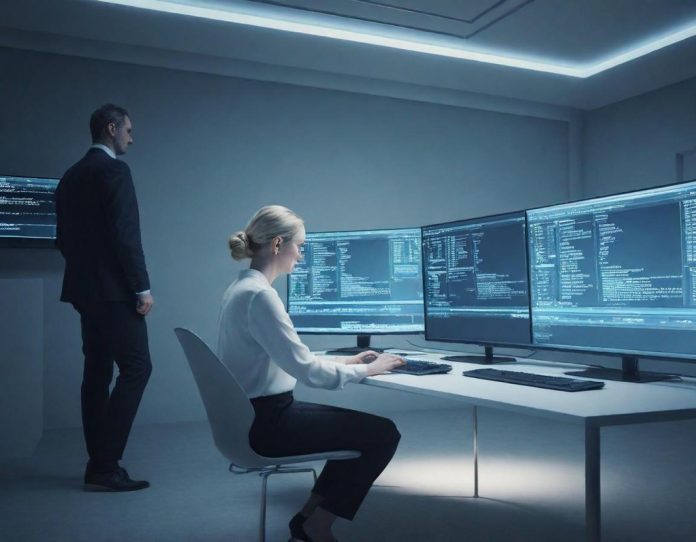 Professional analyzing complex data flow and system integration charts on multiple computer monitors in a modern office setting