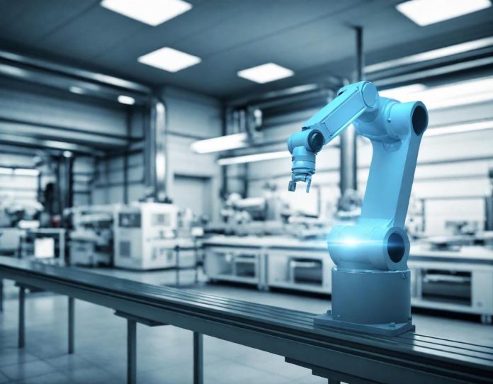 Industrial robotic arm performing assembly work in a modern manufacturing facility