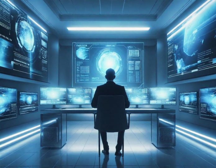 Futuristic military command center with officers monitoring advanced technology displays in a high-tech control room