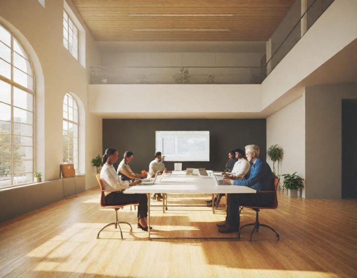 Diverse team of professionals collaborating in modern office environment discussing data and technology