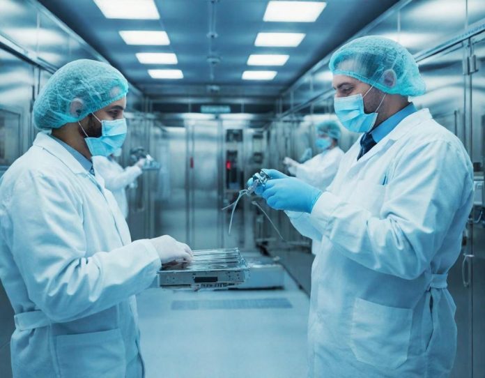 Engineers in cleanroom suits working with semiconductor manufacturing equipment in advanced technology facility