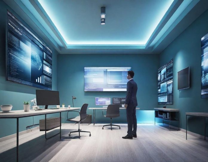 Contemporary newsroom workspace with editor reviewing content on digital displays in modern media environment