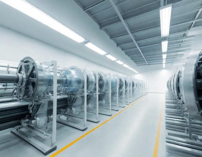 Factory technicians oversee spooling machines producing high-strength protective fiber beside a glass-walled defense operations room with abstract network visuals, highlighting the contrast between materials manufacturing and software-driven security.