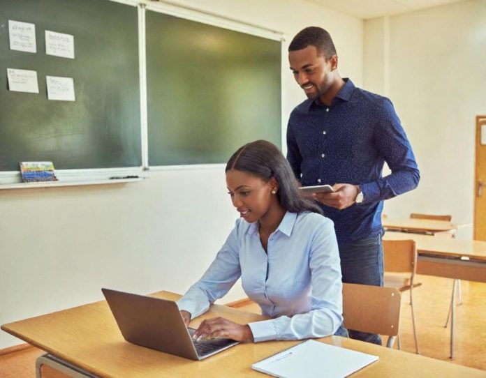 Students in a German classroom use tablets for adaptive math practice while a teacher monitors progress on a laptop