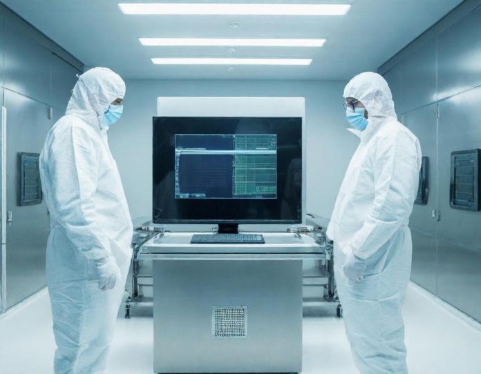 Engineers in cleanroom suits working with advanced semiconductor manufacturing equipment in a high-tech fabrication facility