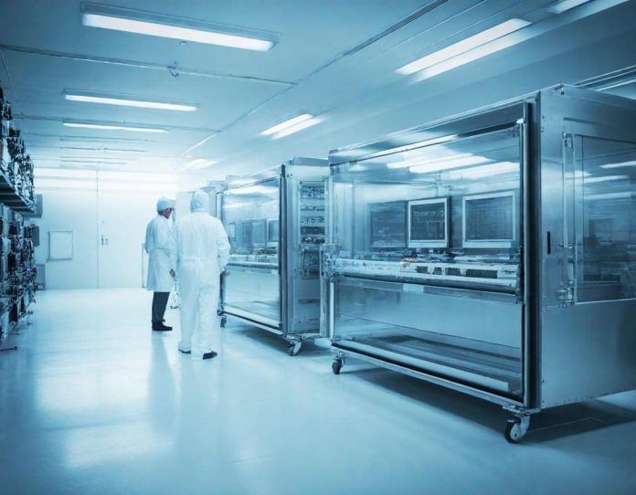 Engineers working in a state-of-the-art semiconductor manufacturing facility with advanced equipment