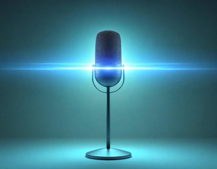 Digital representation of AI voice technology with sound waves transforming into data streams