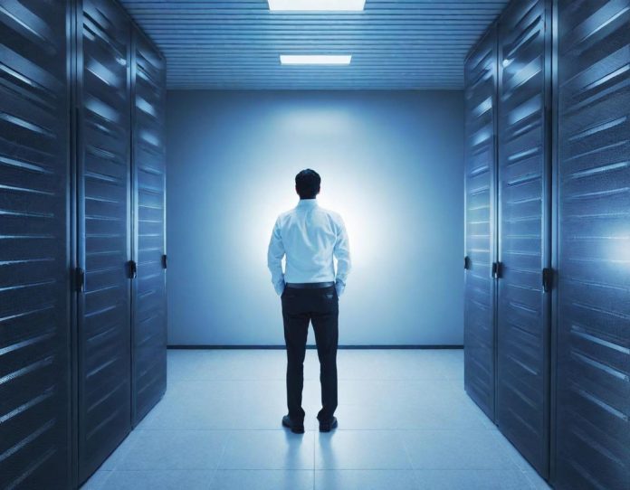 Modern data center infrastructure showing server racks and energy monitoring systems