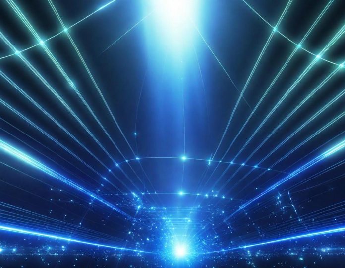 Digital infrastructure network showing data transmission through fiber optics and communication towers