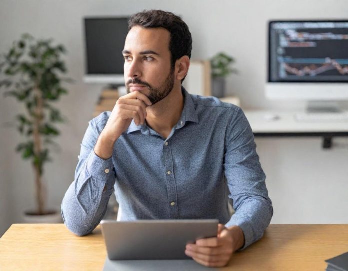 Professional analyzing data on multiple screens in modern office environment