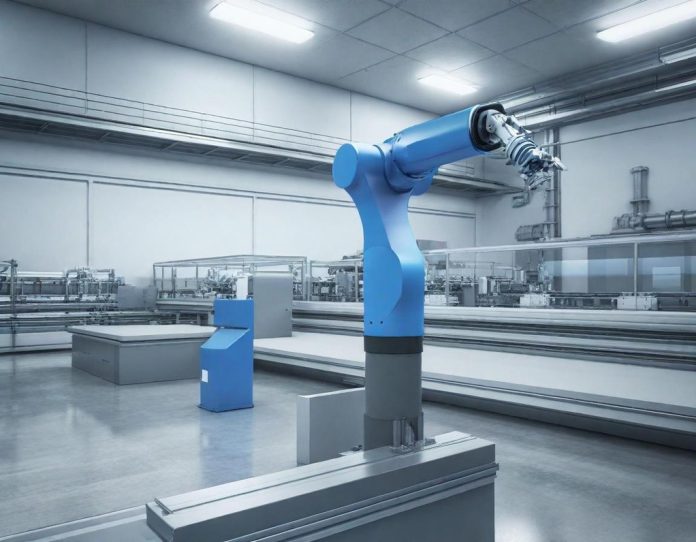 Advanced robotic arm performing precision assembly work in modern manufacturing facility