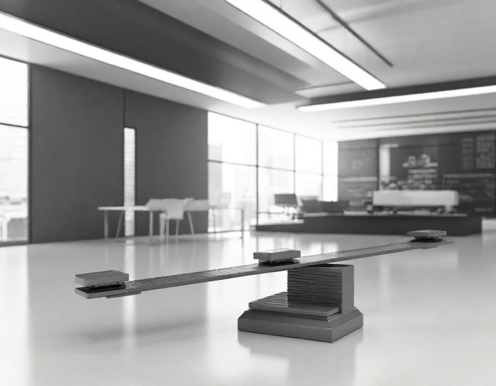 Conceptual image showing balanced scales superimposed over circuit board patterns representing the intersection of regulation and artificial intelligence technology