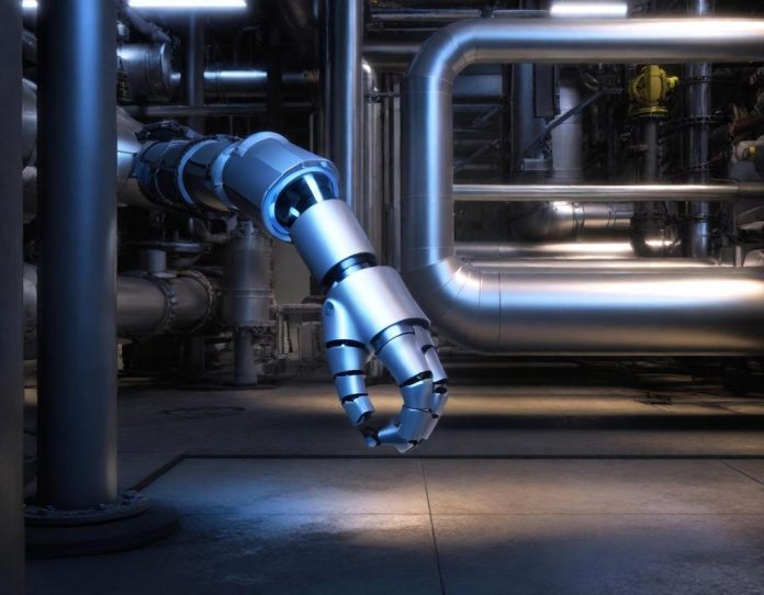 A robotic hand with multiple fingers crawling through industrial pipes while holding a tool, showcasing advanced automation technology