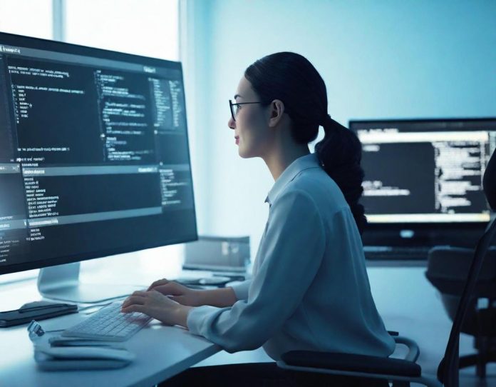 Developer collaborating with AI coding tools in modern workspace environment