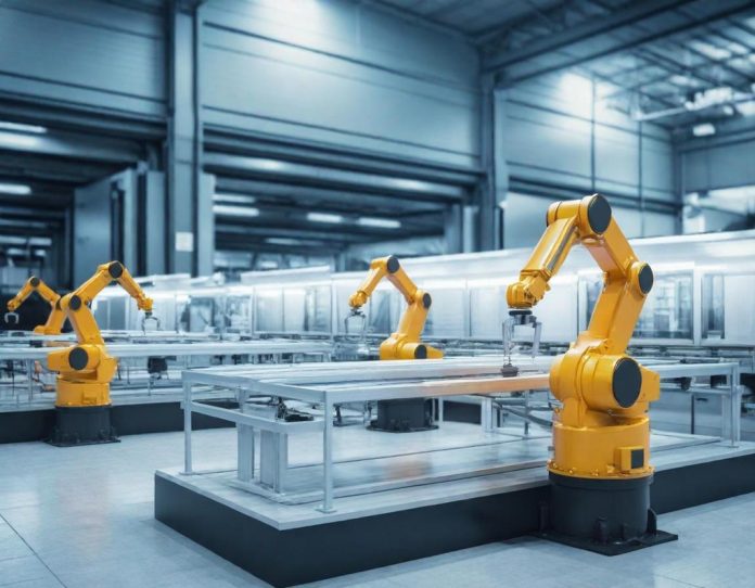 Advanced robotic automation system in modern industrial facility demonstrating AI integration in manufacturing processes