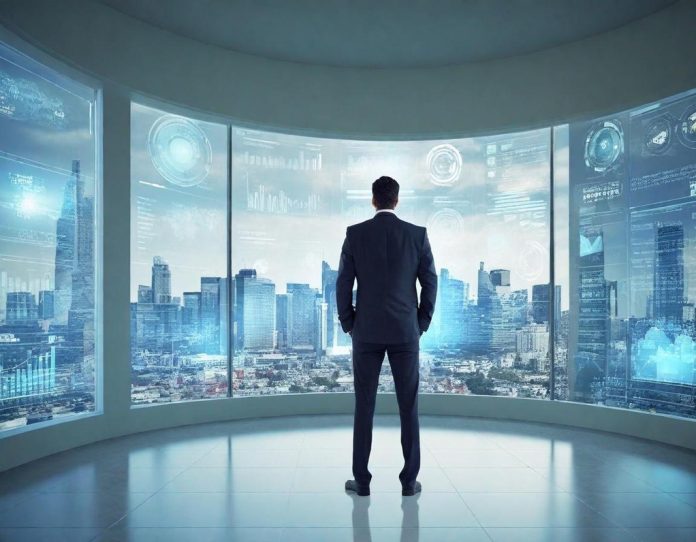 Professional analyzing interconnected data systems in modern corporate environment