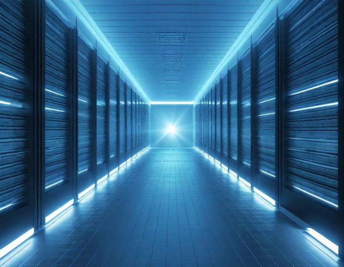Advanced computational infrastructure processing artificial intelligence data with glowing circuit pathways