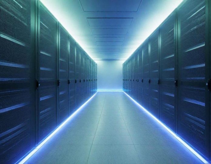Modern data center infrastructure powering artificial intelligence systems with interconnected server racks and data visualization