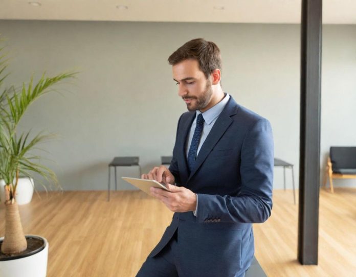 Young professional analyzing job opportunities on digital device in contemporary workspace